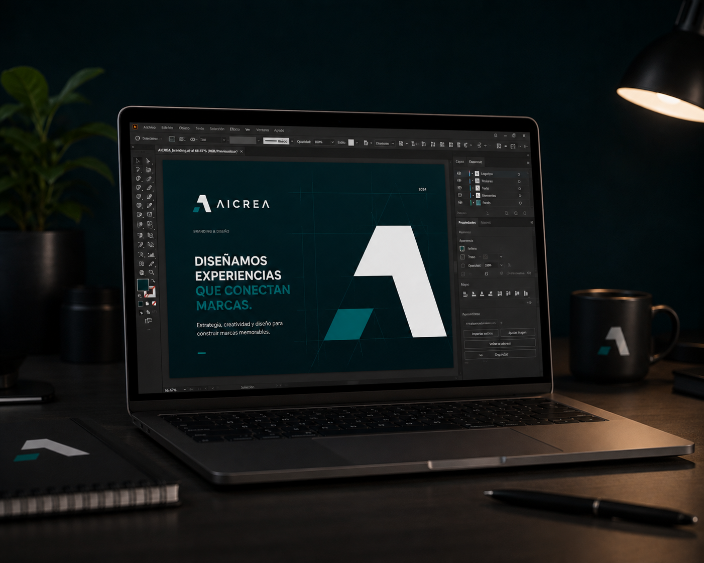Diseño de branding Aicrea mostrado en una computadora